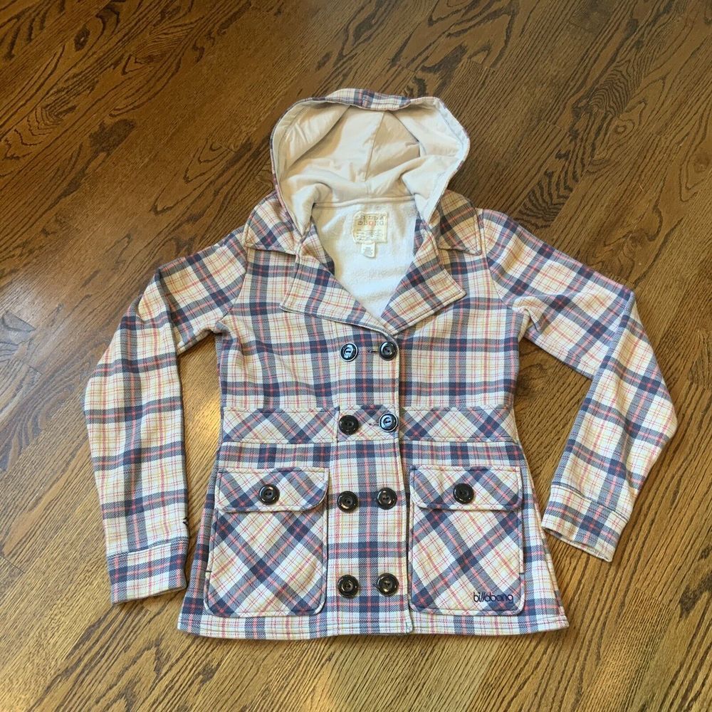 Billabong Women's Hooded Jacket Sz L Plaid Blue Pink Skating Surfing EUC